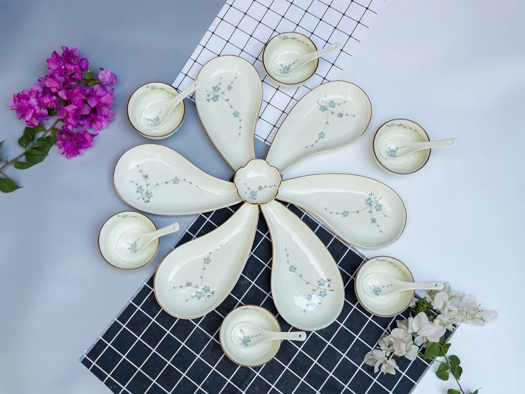 Bộ bát đĩa Bát Tràng men kem vẽ hoa Đào xanh mẫu 03