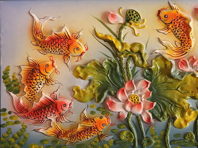 Tranh sứ Bát Tràng vẽ cửu ngư đồ cá chép hoa sen 95x55cm
