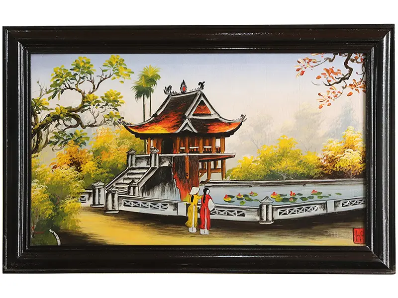Tranh sứ Bát Tràng vẽ phong cảnh chùa một cột 95x55cm