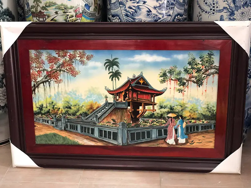 Tranh sứ vẽ phong cảnh chùa một cột Hà Nội 135x88cm