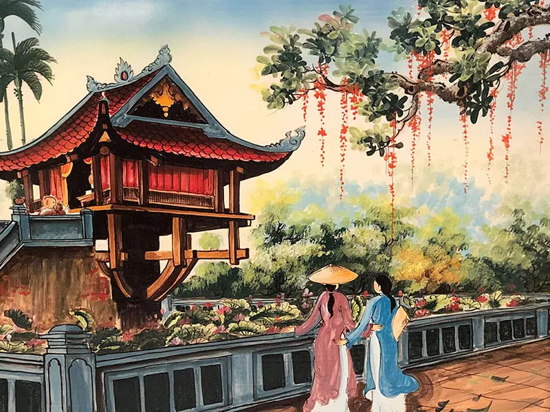 Tranh sứ vẽ phong cảnh chùa một cột Hà Nội 135x88cm